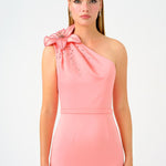 فستان سهرة طويل من الساتان بكتف واحد ومزين بزخارف زهور - 9125C