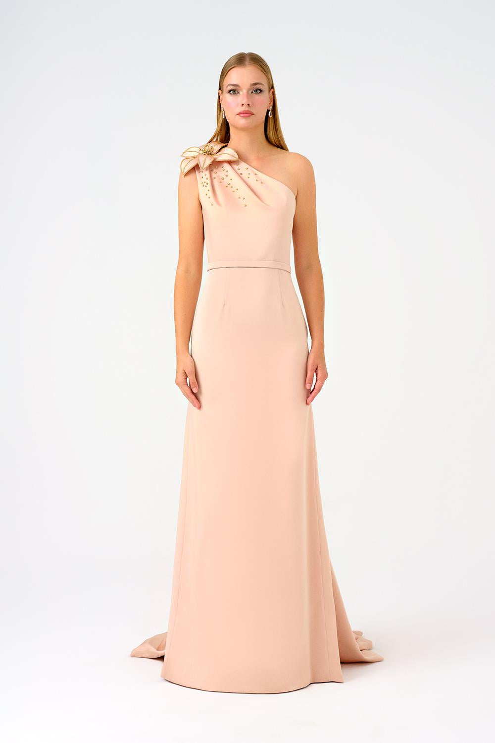 One Shoulder Floral Detailed Satin Long Evening Dress - 9125C