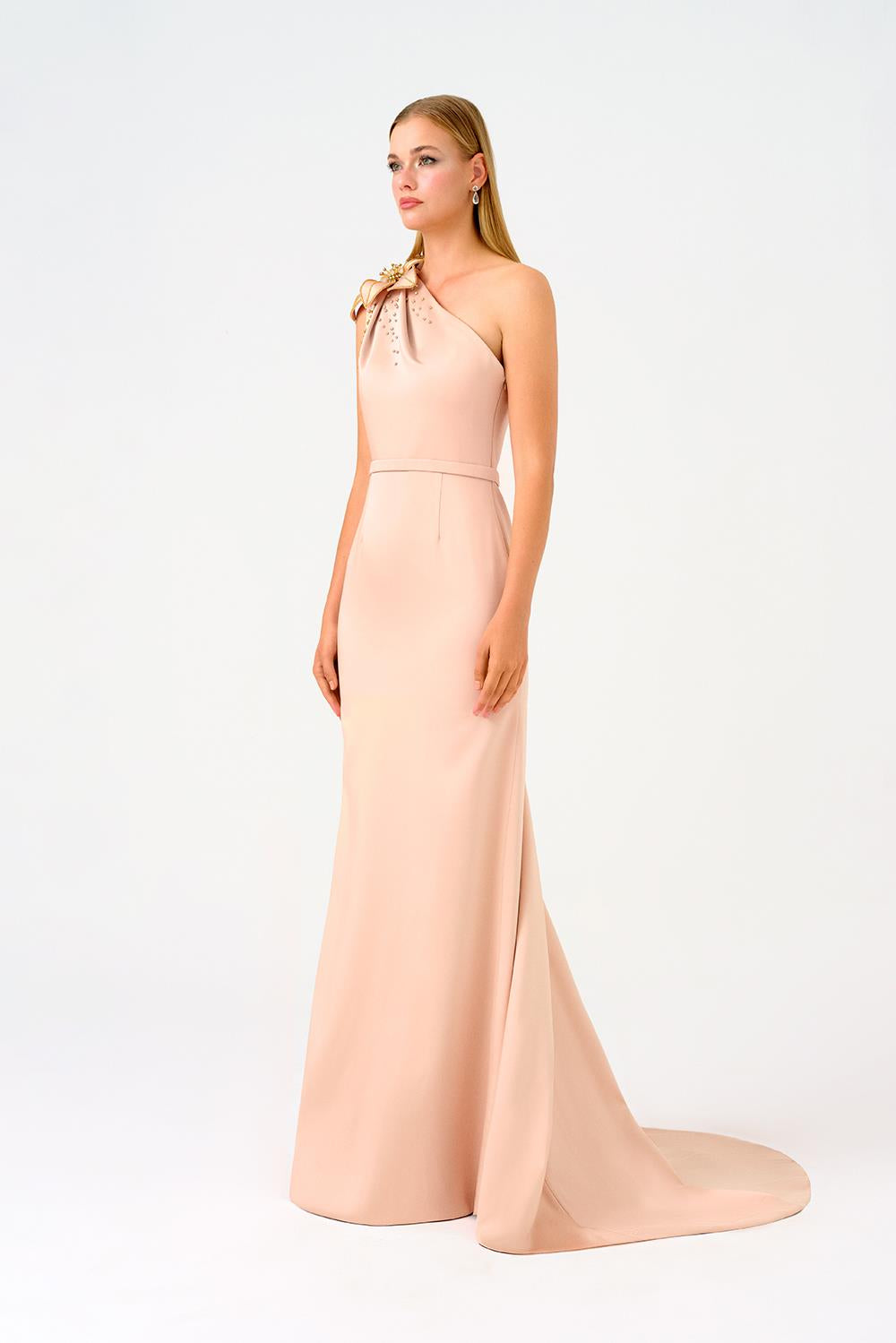 One Shoulder Floral Detailed Satin Long Evening Dress - 9125C