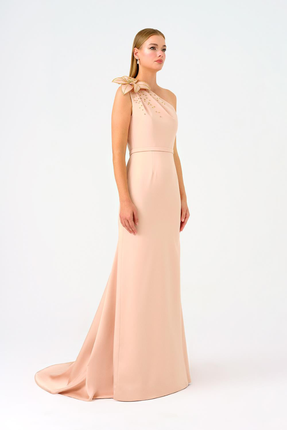 One Shoulder Floral Detailed Satin Long Evening Dress - 9125C