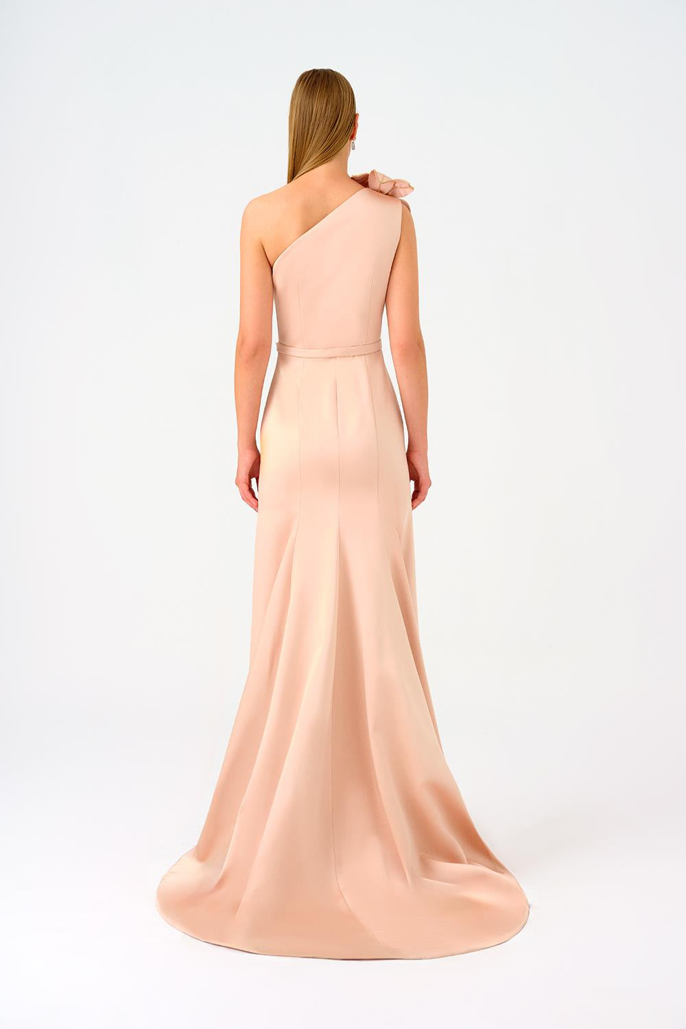 One Shoulder Floral Detailed Satin Long Evening Dress - 9125C