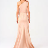One Shoulder Floral Detailed Satin Long Evening Dress - 9125C