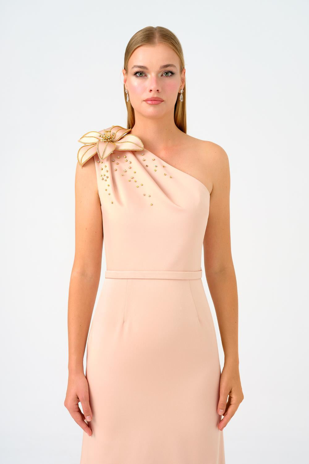 One Shoulder Floral Detailed Satin Long Evening Dress - 9125C