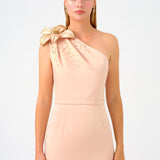 One Shoulder Floral Detailed Satin Long Evening Dress - 9125C