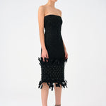 Feather Detailed Strapless Stone Midi Evening Dress - 9160C