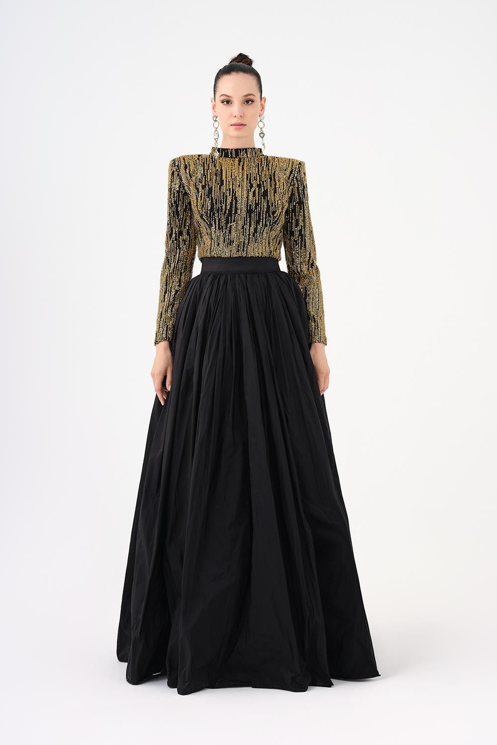 Uzun Kollu Taşlı Ceket & Tafta Etek Takım - 9064C - Siyah - Gold