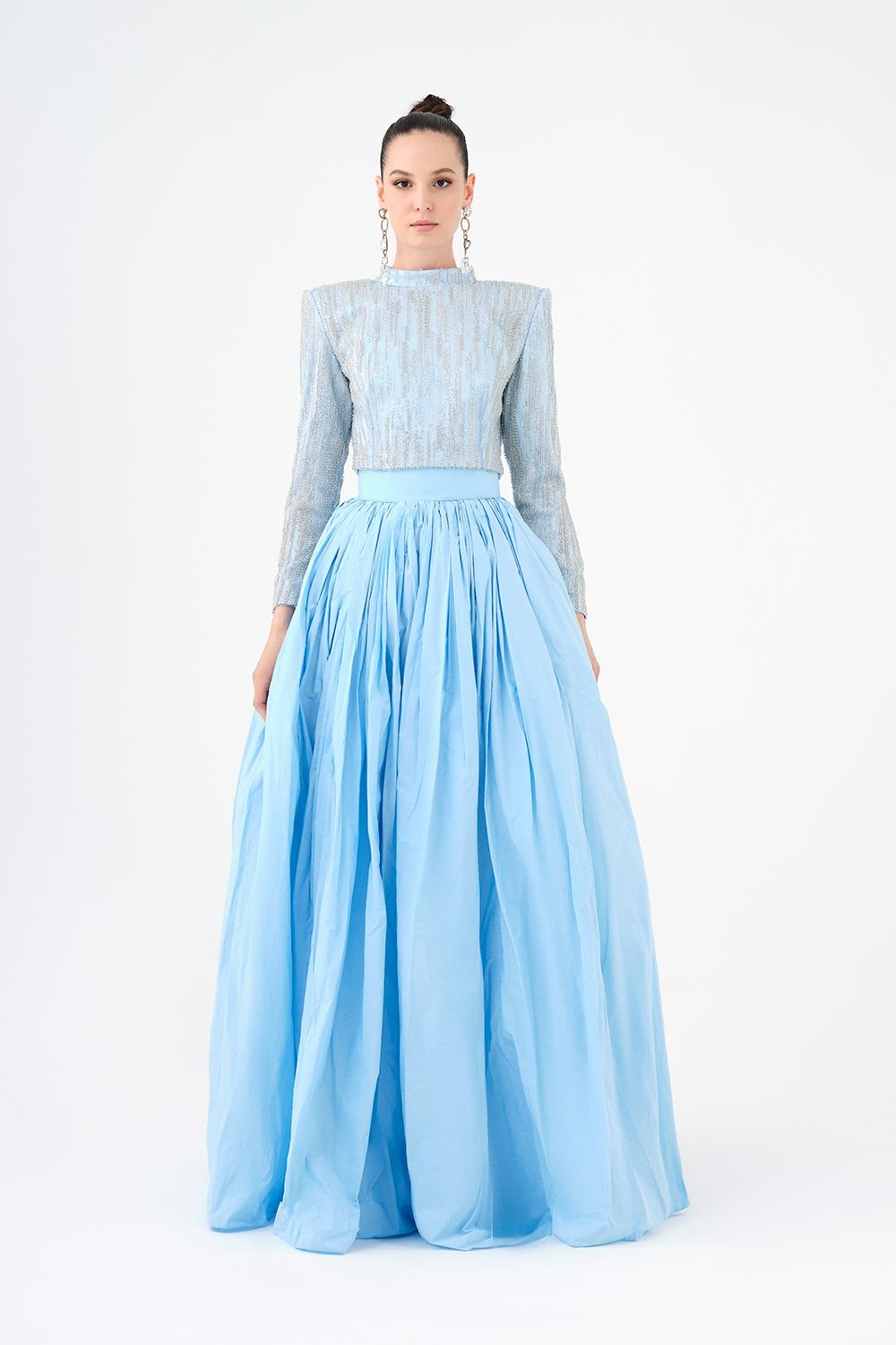 Long Sleeve Stone Jacket & Taffeta Skirt Set - 9064C