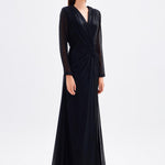Long Sleeve V-Neck Long Evening Dress with Smocking Detail - 5048C