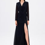 Long Sleeve V-Neck Long Evening Dress with Smocking Detail - 5048C