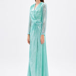 Long Sleeve V-Neck Long Evening Dress with Smocking Detail - 5048C