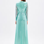 Long Sleeve V-Neck Long Evening Dress with Smocking Detail - 5048C