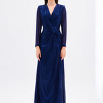 Long Sleeve V-Neck Long Evening Dress with Smocking Detail - 5048C
