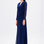 Long Sleeve V-Neck Long Evening Dress with Smocking Detail - 5048C