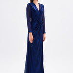 Long Sleeve V-Neck Long Evening Dress with Smocking Detail - 5048C