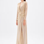 Long Sleeve V-Neck Long Evening Dress with Smocking Detail - 5048C