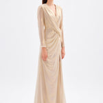 Long Sleeve V-Neck Long Evening Dress with Smocking Detail - 5048C