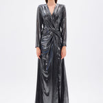 Long Sleeve V-Neck Long Evening Dress with Smocking Detail - 5048C