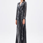 Long Sleeve V-Neck Long Evening Dress with Smocking Detail - 5048C