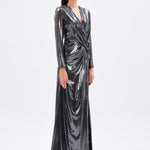 Long Sleeve V-Neck Long Evening Dress with Smocking Detail - 5048C