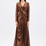 Long Sleeve V-Neck Long Evening Dress with Smocking Detail - 5048C