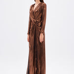 Long Sleeve V-Neck Long Evening Dress with Smocking Detail - 5048C
