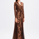 Long Sleeve V-Neck Long Evening Dress with Smocking Detail - 5048C