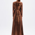 Long Sleeve V-Neck Long Evening Dress with Smocking Detail - 5048C