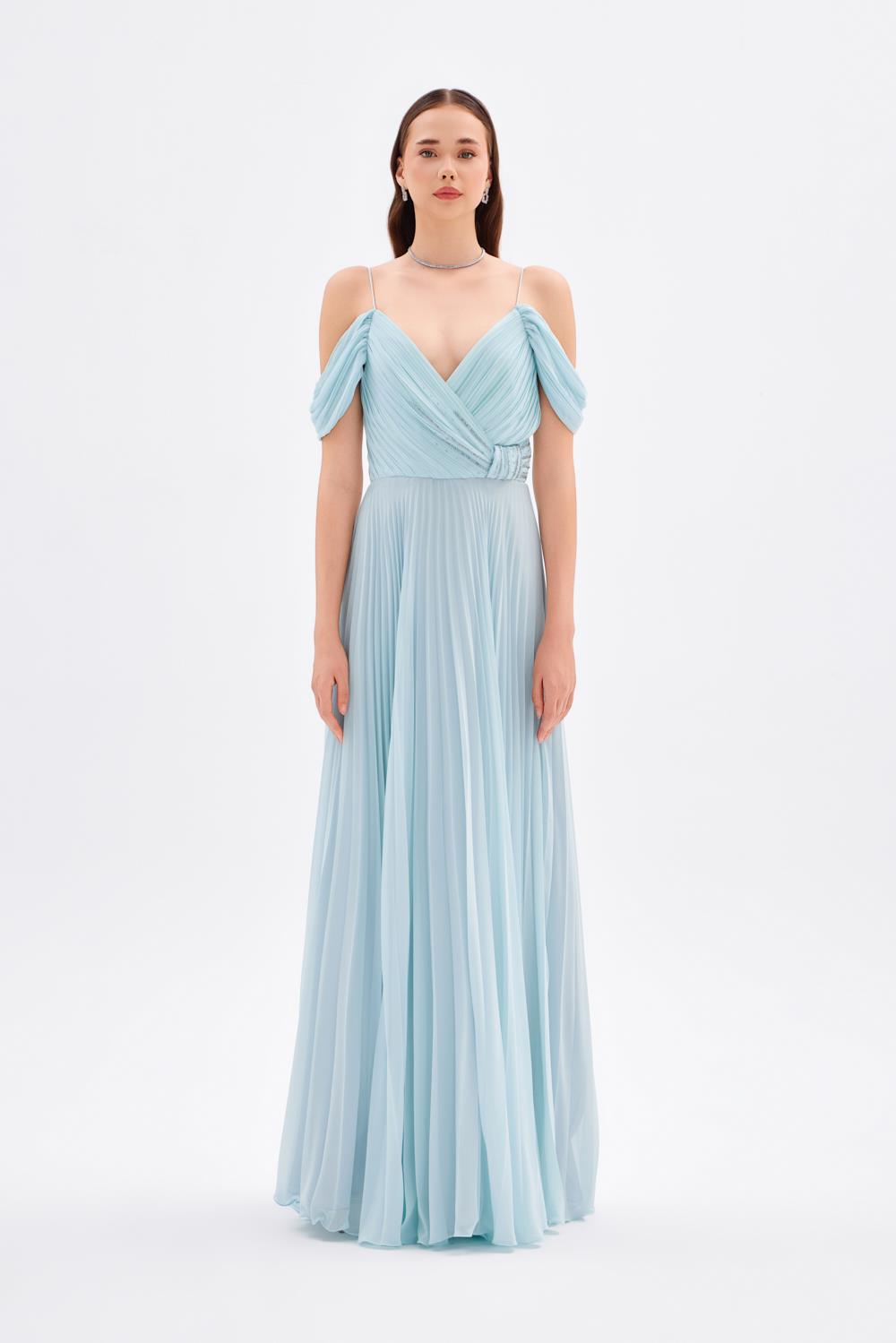 V Neck Pleated Chiffon Long Evening Dress - 9080C
