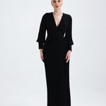 V Neck Pleated Long Sleeve Chiffon Long Evening Dress - AP005