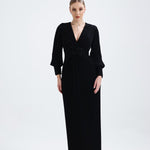 V Neck Pleated Long Sleeve Chiffon Long Evening Dress - AP005
