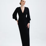 V Neck Pleated Long Sleeve Chiffon Long Evening Dress - AP005