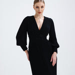 V Neck Pleated Long Sleeve Chiffon Long Evening Dress - AP005