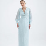 V Neck Pleated Long Sleeve Chiffon Long Evening Dress - AP005