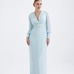 V Neck Pleated Long Sleeve Chiffon Long Evening Dress - AP005