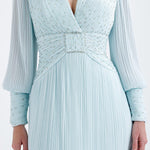 V Neck Pleated Long Sleeve Chiffon Long Evening Dress - AP005