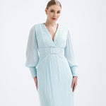 V Neck Pleated Long Sleeve Chiffon Long Evening Dress - AP005