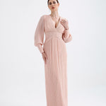V Neck Pleated Long Sleeve Chiffon Long Evening Dress - AP005