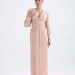 V Neck Pleated Long Sleeve Chiffon Long Evening Dress - AP005