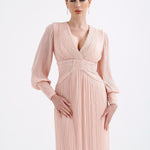 V Neck Pleated Long Sleeve Chiffon Long Evening Dress - AP005
