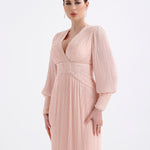 V Neck Pleated Long Sleeve Chiffon Long Evening Dress - AP005