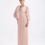 V Neck Pleated Long Sleeve Chiffon Long Evening Dress - AP005