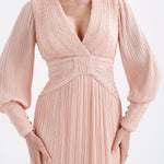 V Neck Pleated Long Sleeve Chiffon Long Evening Dress - AP005