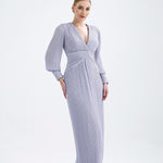 V Neck Pleated Long Sleeve Chiffon Long Evening Dress - AP005