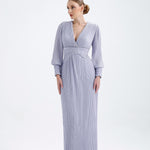 V Neck Pleated Long Sleeve Chiffon Long Evening Dress - AP005