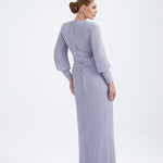 V Neck Pleated Long Sleeve Chiffon Long Evening Dress - AP005