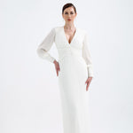 V Neck Pleated Long Sleeve Chiffon Long Evening Dress - AP005