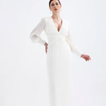 V Neck Pleated Long Sleeve Chiffon Long Evening Dress - AP005