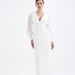 V Neck Pleated Long Sleeve Chiffon Long Evening Dress - AP005