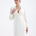 V Neck Pleated Long Sleeve Chiffon Long Evening Dress - AP005