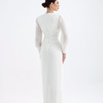 V Neck Pleated Long Sleeve Chiffon Long Evening Dress - AP005